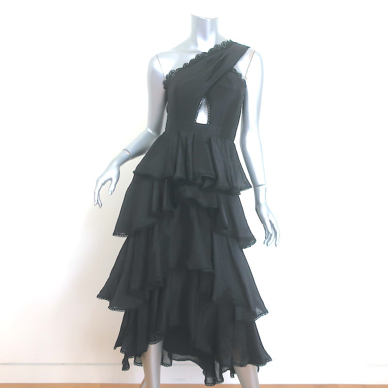 AMUR Lena One-Shoulder Cutout Midi Dress Black Ruffled Linen-Silk Size 00 AMUR Lena One-Shoulder Cutout Midi Dress Black Ruffled Linen-Silk Size 00