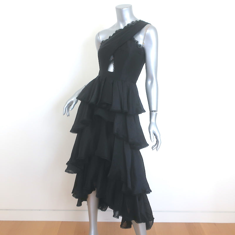Amur Lena One-Shoulder Cutout Midi Dress Black Ruffled Linen-Silk Size 00 Amur Lena One-Shoulder Cutout Midi Dress Black Ruffled Linen-Silk Size 00