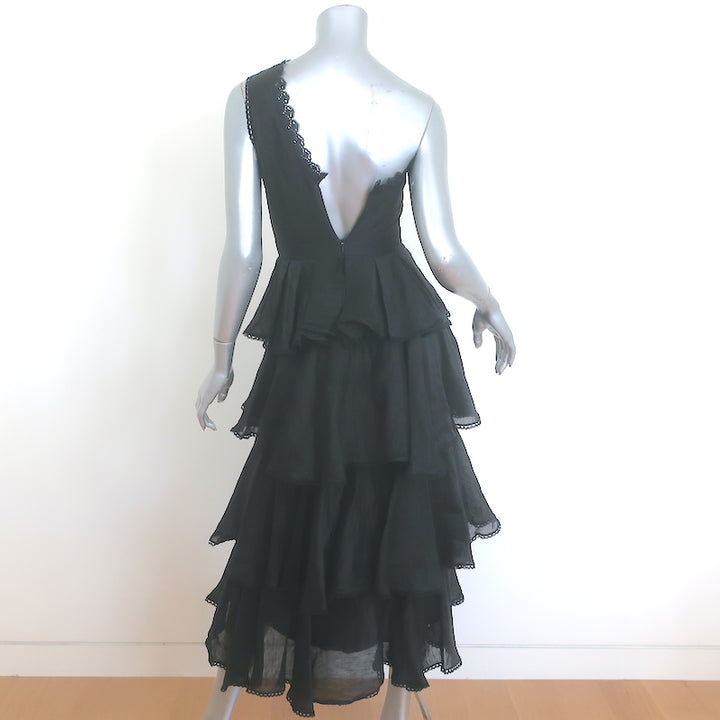 AMUR Lena One-Shoulder Cutout Midi Dress Black Ruffled Linen-Silk Size 00