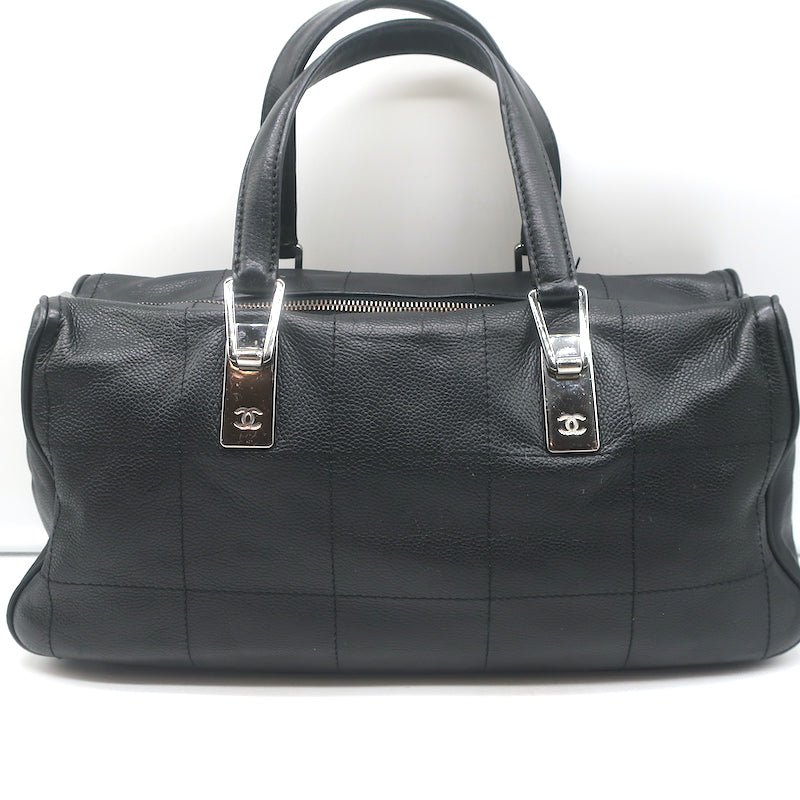 Chanel Square Stitch CC Boston Bag Black Quilted Leather Large Shoulder Bag