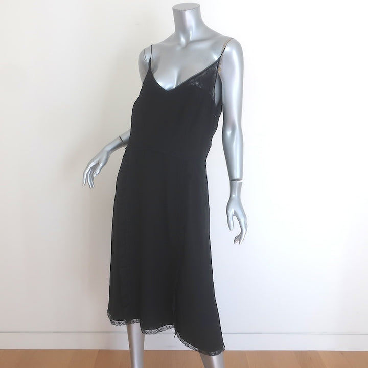 Prada Ruffled Lace-Trim Midi Slip Dress Black Silk Size 44/ US 8