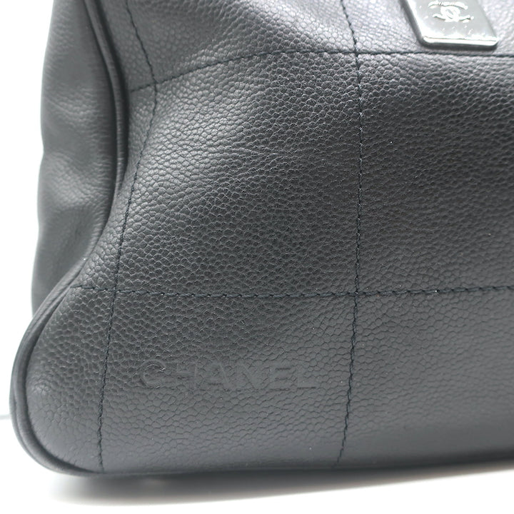 Chanel Square Stitch CC Boston Bag Black Quilted Leather Large Shoulder Bag