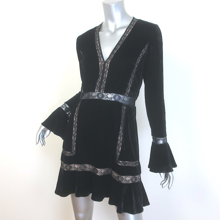 Saylor Lace-Trimmed Velvet Bell Sleeve Mini Dress Black Size Medium