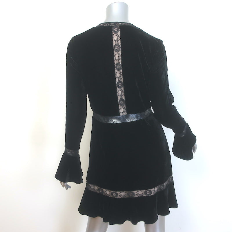 Saylor Lace-Trimmed Velvet Bell Sleeve Mini Dress Black Size Medium