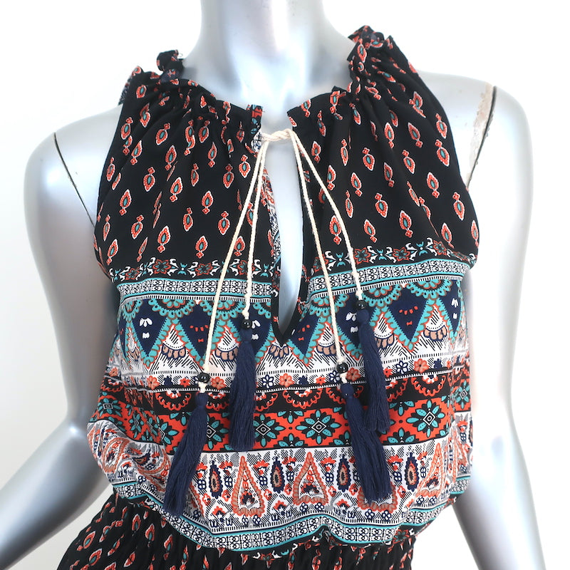 MISA Sleeveless Blouson Midi Dress Maddie Black Printed Viscose Size Extra Small