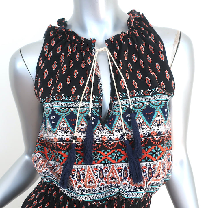 MISA Sleeveless Blouson Midi Dress Maddie Black Printed Viscose Size Extra Small