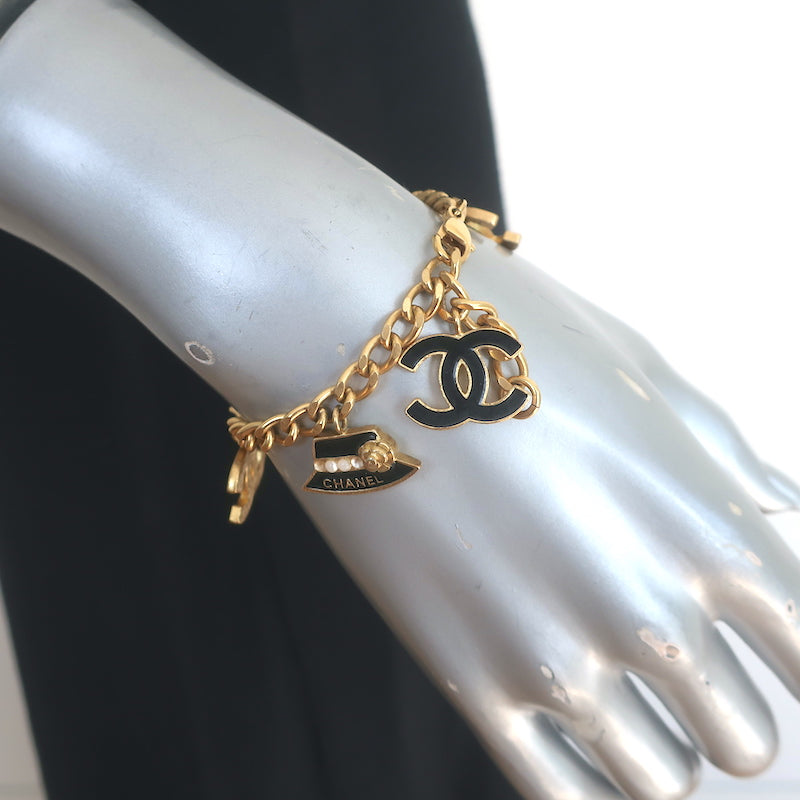 Vintage Chanel 02A CC Jacket Charm Bracelet Gold Chain Link &amp; Black Enamel