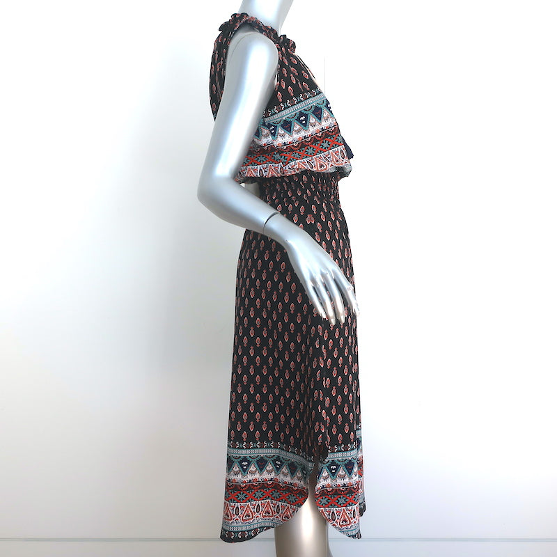 MISA Sleeveless Blouson Midi Dress Maddie Black Printed Viscose Size Extra Small