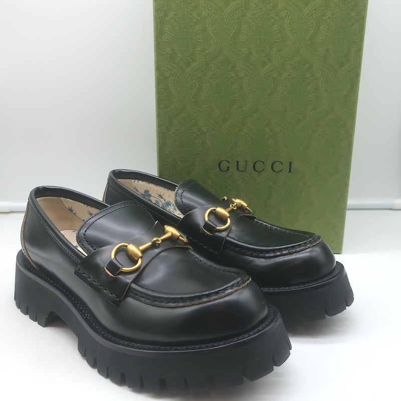 Gucci Harald Platform Lug Sole Horsebit Loafers Black Leather Size 37