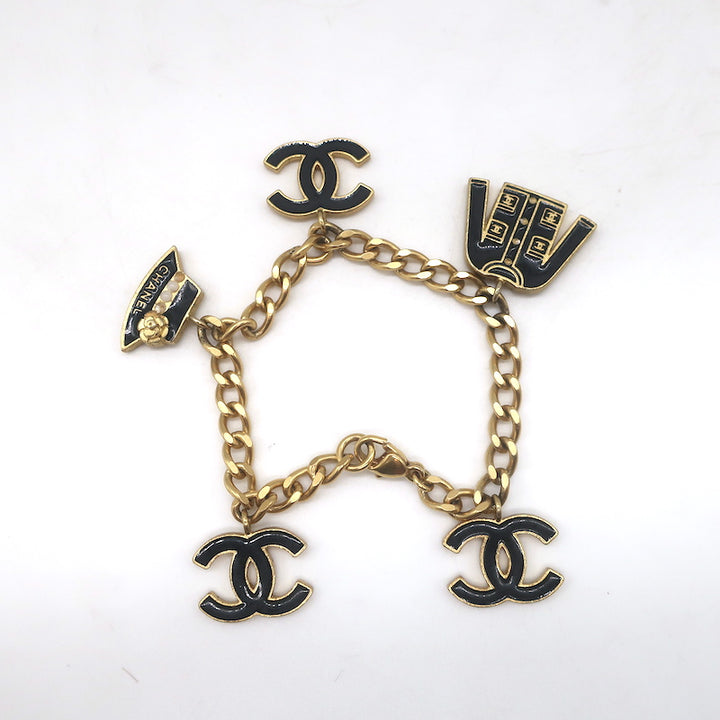 Vintage Chanel 02A CC Jacket Charm Bracelet Gold Chain Link &amp; Black Enamel