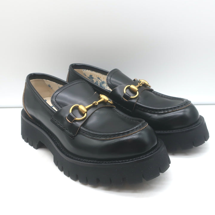 Gucci Harald Platform Lug Sole Horsebit Loafers Black Leather Size 37