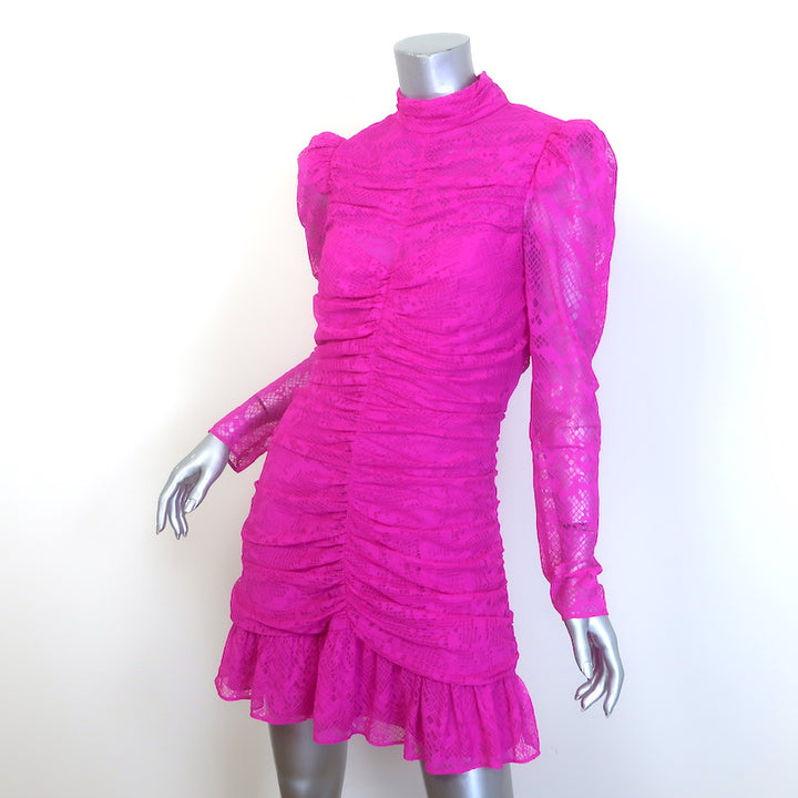 Saylor Marcey Ruched Lace Puff Sleeve Mini Dress Fuchsia Size Large