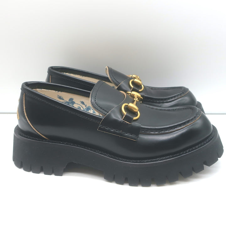 Gucci Harald Platform Lug Sole Horsebit Loafers Black Leather Size 37