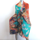 Gucci Floral Tiger Print Shawl Scarf Blue/Multicolor Fringed Gauze 83" X 47"
