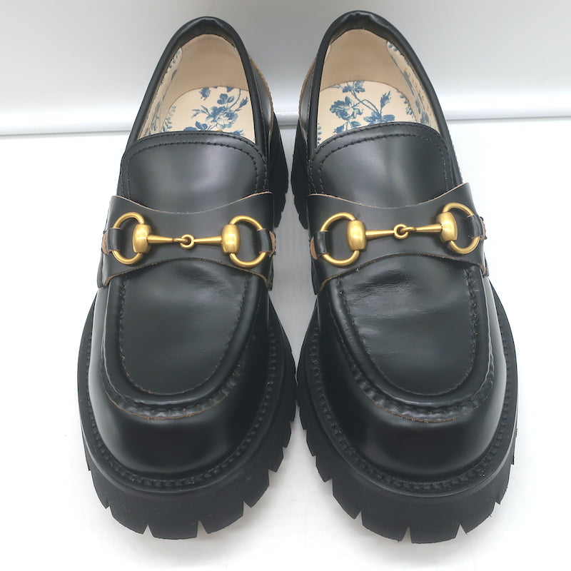 Gucci Harald Platform Lug Sole Horsebit Loafers Black Leather Size 37