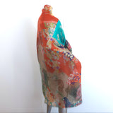 Gucci Floral Tiger Print Shawl Scarf Blue/Multicolor Fringed Gauze 83" X 47"