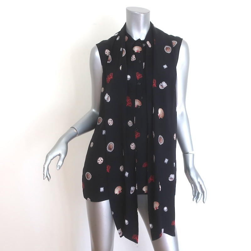 Alexander McQueen Shell Print Sleeveless Tie-Neck Top Black Silk Size 42 US 8
