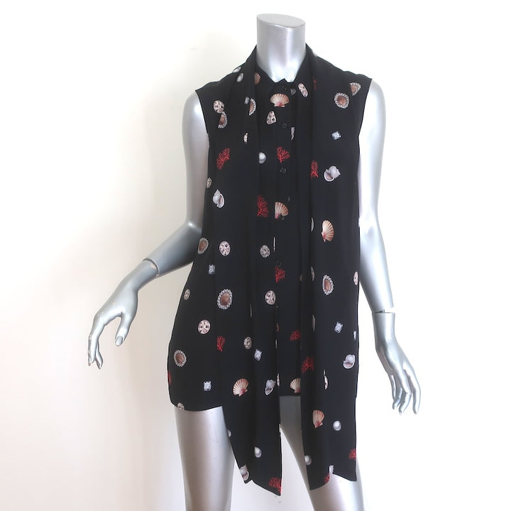 Alexander McQueen Shell Print Sleeveless Tie-Neck Top Black Silk Size 42 US 8