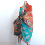 Gucci Floral Tiger Print Shawl Scarf Blue/Multicolor Fringed Gauze 83" X 47"