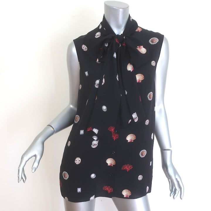 Alexander McQueen Shell Print Sleeveless Tie-Neck Top Black Silk Size 42 US 8