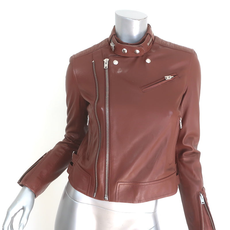 IRO Luciaspe Double-Zip Leather Biker Jacket Cognac Brown Size 38