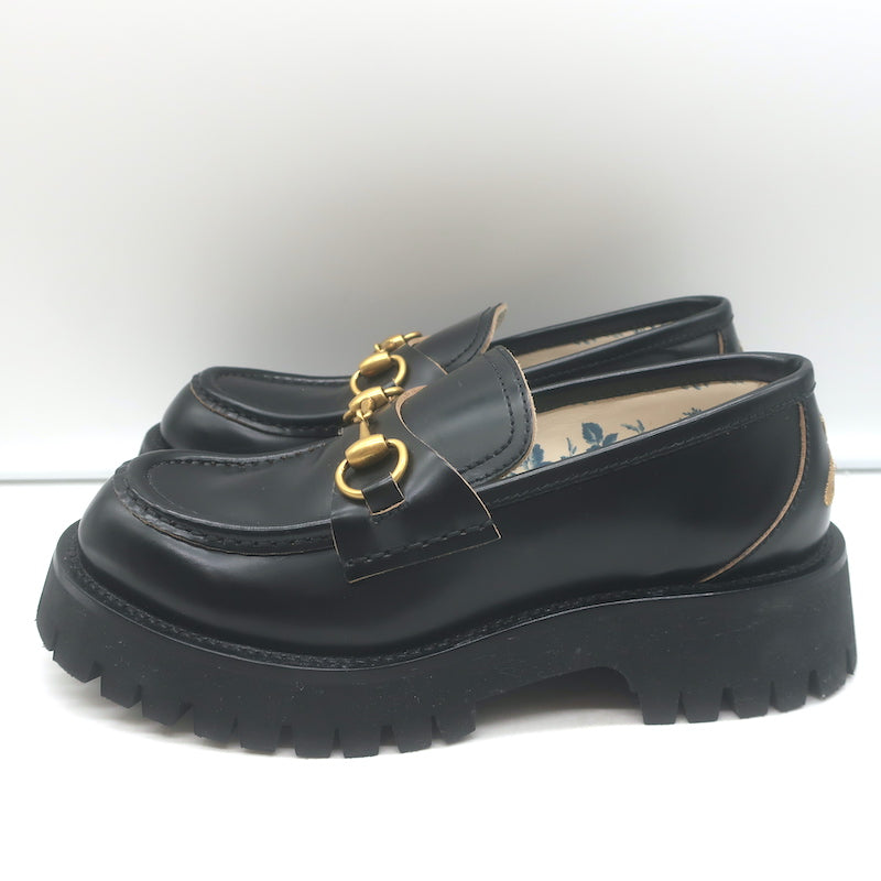 Gucci Harald Platform Lug Sole Horsebit Loafers Black Leather Size 37