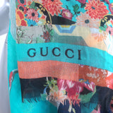 Gucci Floral Tiger Print Shawl Scarf Blue/Multicolor Fringed Gauze 83" X 47"