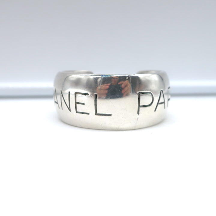 Vintage Chanel 96P Logo Cuff Bracelet Silver