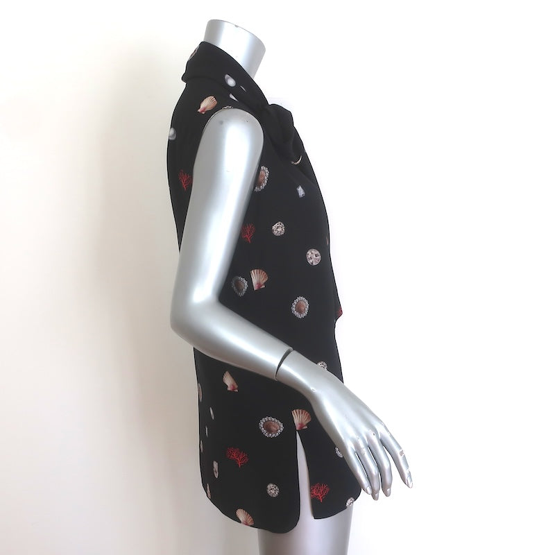 Alexander McQueen Shell Print Sleeveless Tie-Neck Top Black Silk Size 42 US 8