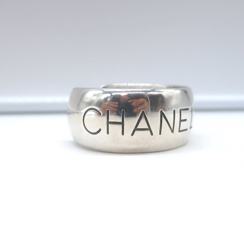 Vintage Chanel 96P Logo Cuff Bracelet Silver