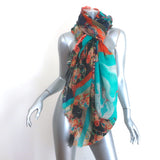 Gucci Floral Tiger Print Shawl Scarf Blue/Multicolor Fringed Gauze 83" X 47"