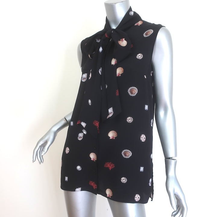 Alexander McQueen Shell Print Sleeveless Tie-Neck Top Black Silk Size 42 US 8
