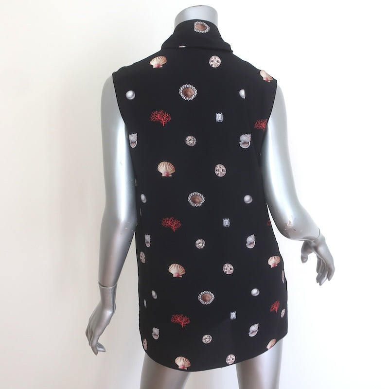 Alexander McQueen Shell Print Sleeveless Tie-Neck Top Black Silk Size 42 US 8