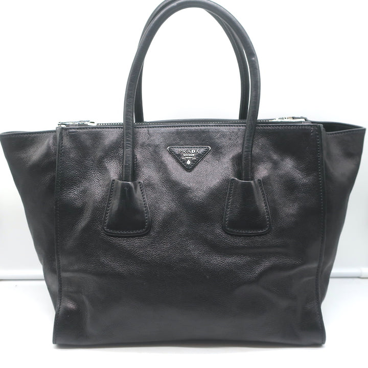 Prada Glace Twin Pocket Tote Black Leather Medium Crossbody Bag
