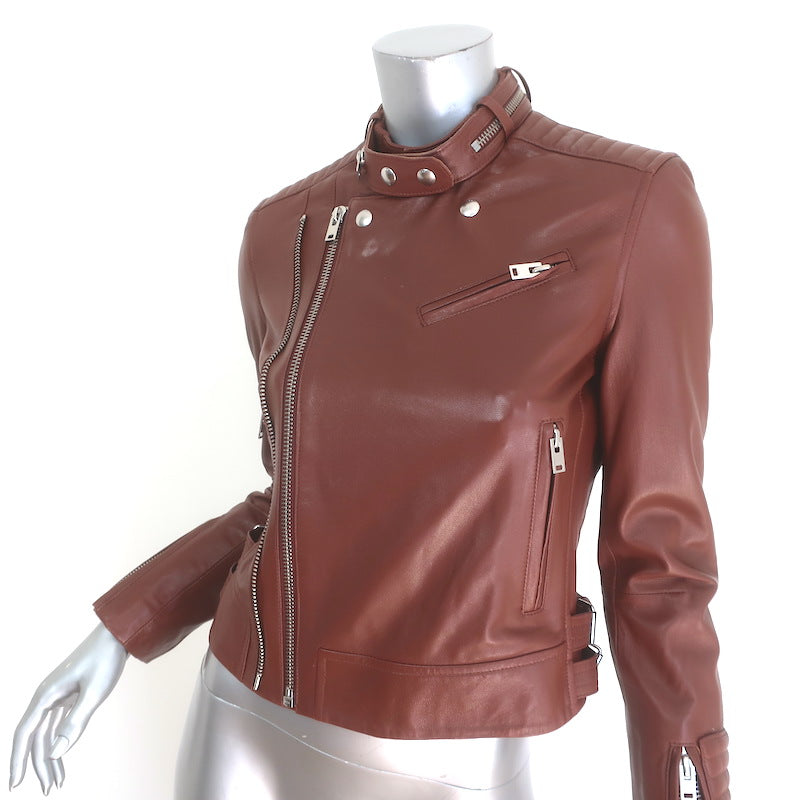 IRO Luciaspe Double-Zip Leather Biker Jacket Cognac Brown Size 38
