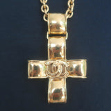 Chanel 94P CC Ribbon Cross Pendant Necklace Gold
