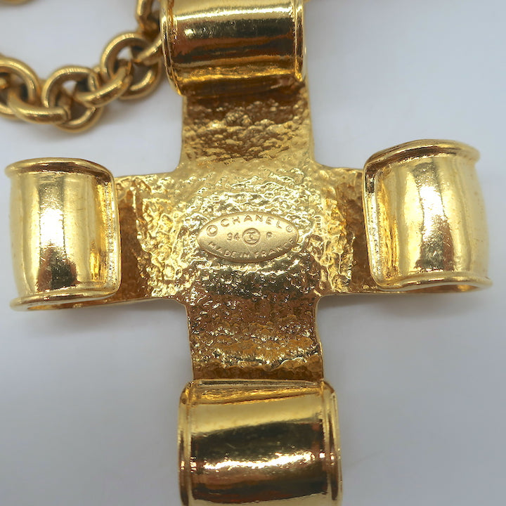 Chanel 94P CC Ribbon Cross Pendant Necklace Gold