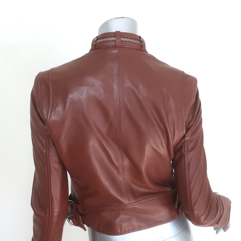 IRO Luciaspe Double-Zip Leather Biker Jacket Cognac Brown Size 38