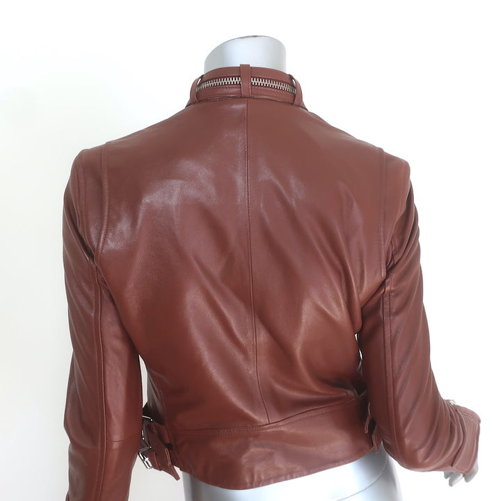IRO Luciaspe Double-Zip Leather Biker Jacket Cognac Brown Size 38