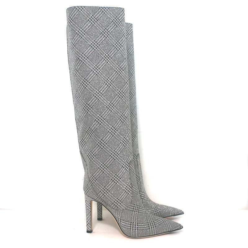 Jimmy Choo Mavis 100 Glitter High Boots Silver Prince Of Wales Check Size 38.5