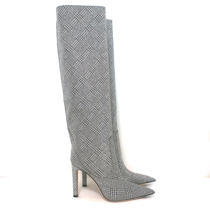 Jimmy Choo Mavis 100 Glitter High Boots Silver Prince Of Wales Check Size 38.5