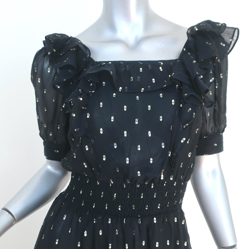 Ba&amp;sh Midi Dress Romeo Black/Gold Metallic Fil Coupe Size 0 Short Sleeve NEW