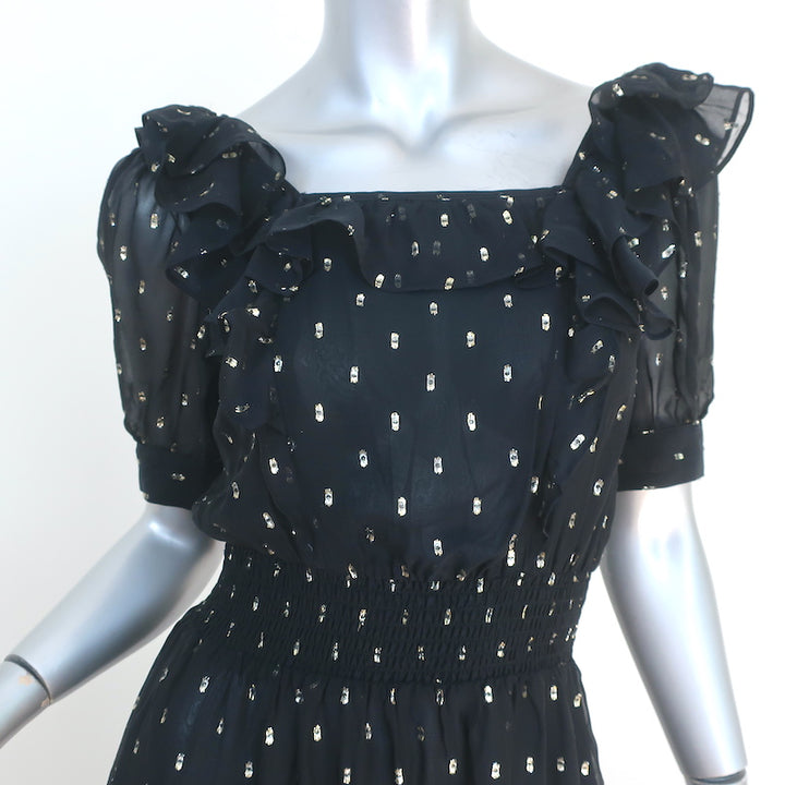 Ba&amp;sh Midi Dress Romeo Black/Gold Metallic Fil Coupe Size 0 Short Sleeve NEW