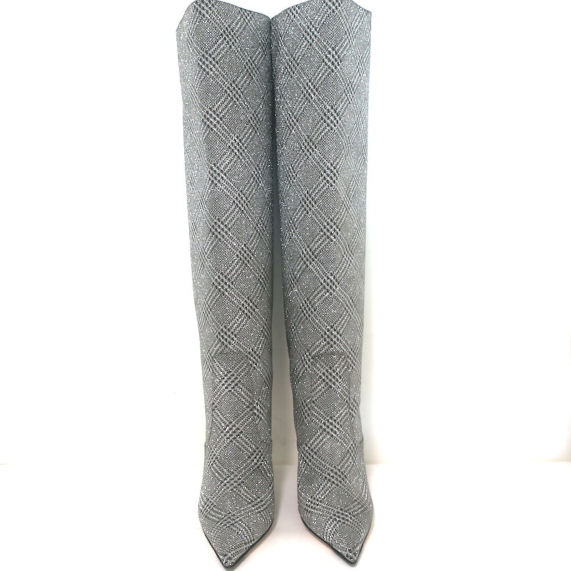 Jimmy Choo Mavis 100 Glitter High Boots Silver Prince Of Wales Check Size 38.5