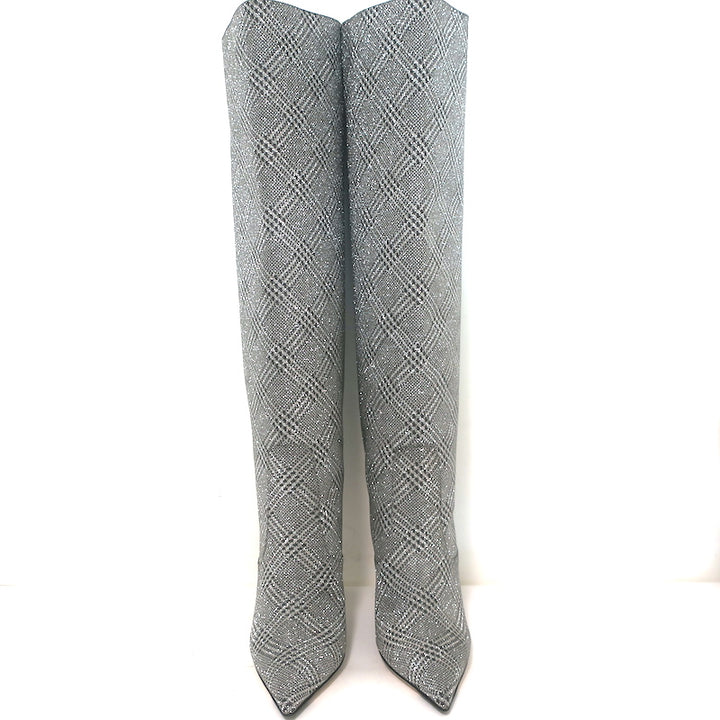 Jimmy Choo Mavis 100 Glitter High Boots Silver Prince Of Wales Check Size 38.5