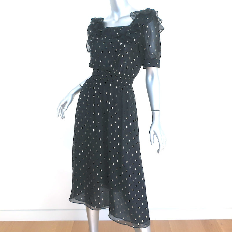 Ba&amp;sh Midi Dress Romeo Black/Gold Metallic Fil Coupe Size 0 Short Sleeve NEW