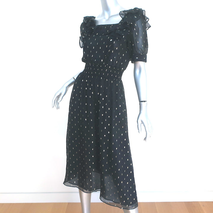 Ba&amp;sh Midi Dress Romeo Black/Gold Metallic Fil Coupe Size 0 Short Sleeve NEW