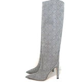 Jimmy Choo Mavis 100 Glitter High Boots Silver Prince Of Wales Check Size 38.5