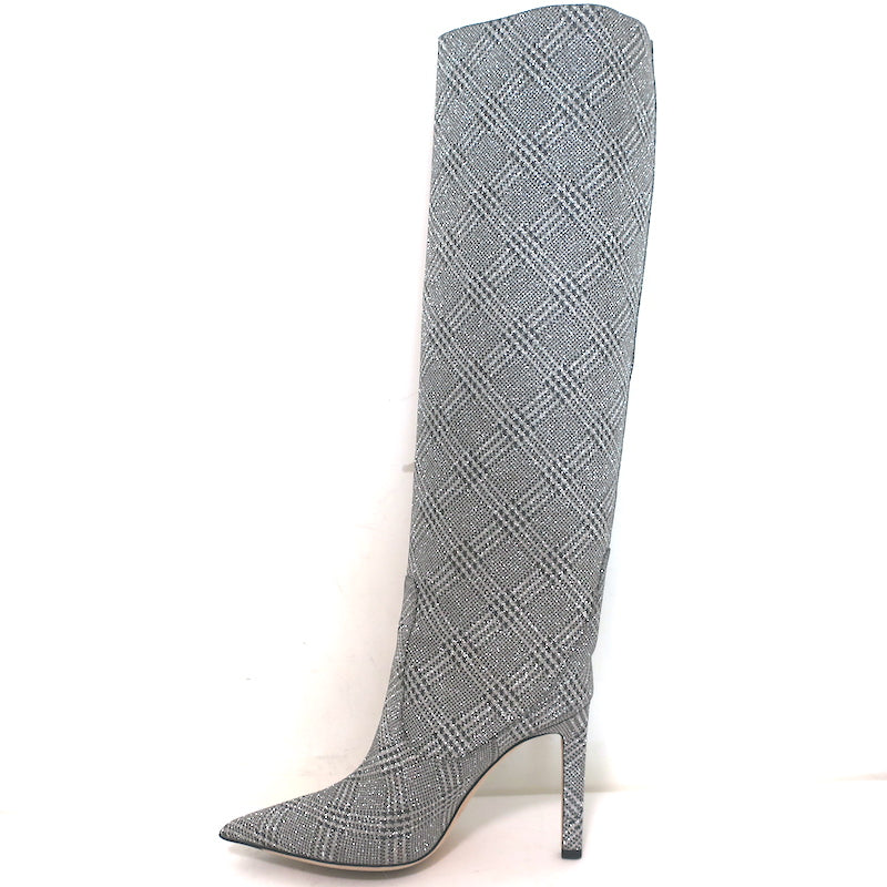 Jimmy Choo Mavis 100 Glitter High Boots Silver Prince Of Wales Check Size 38.5