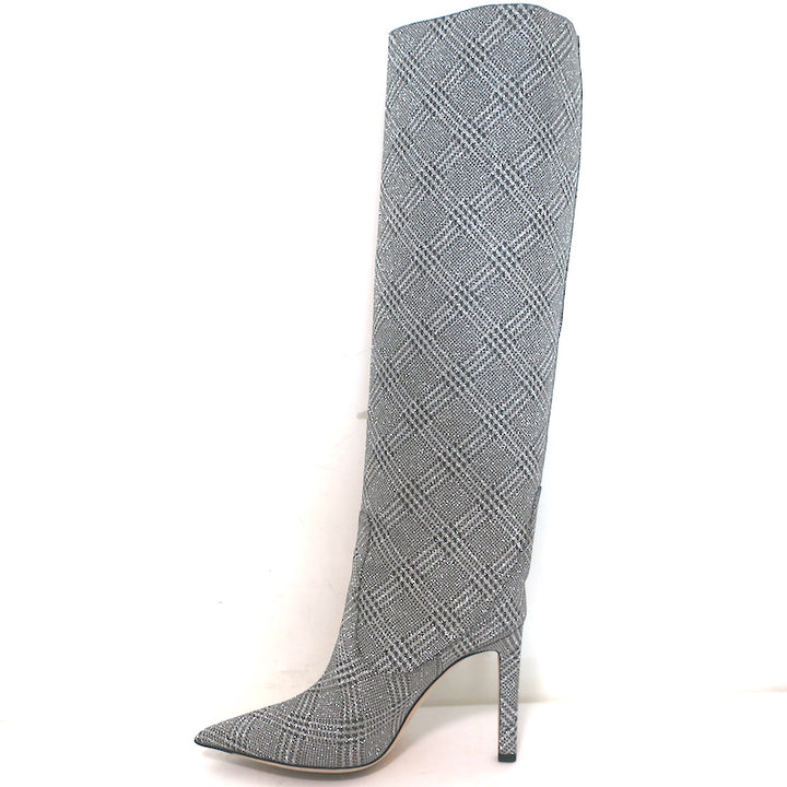 Jimmy Choo Mavis 100 Glitter High Boots Silver Prince Of Wales Check Size 38.5